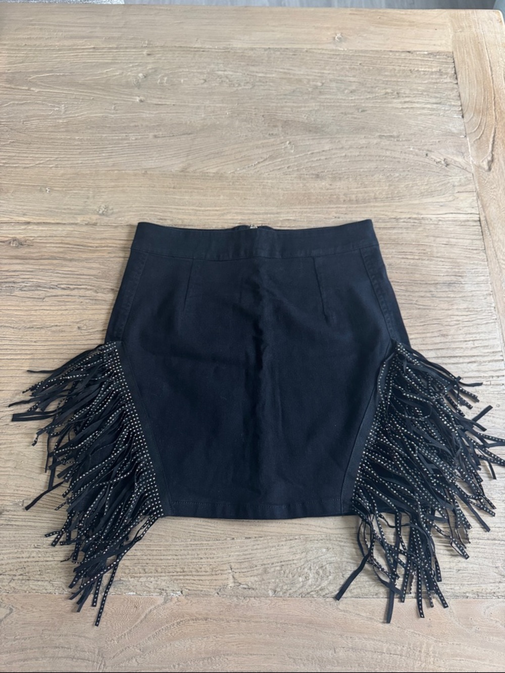 Emerging love skirt. Black Fringe Mini Skirt with Studded Details